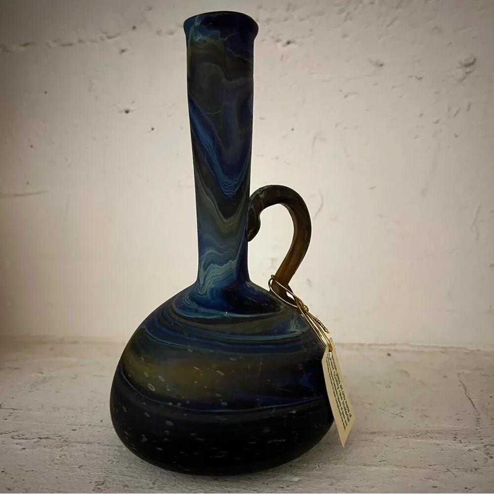 NEW Mini Blue Glass Pitcher Jar Long Neck Vase Phoenician Hebron Glass